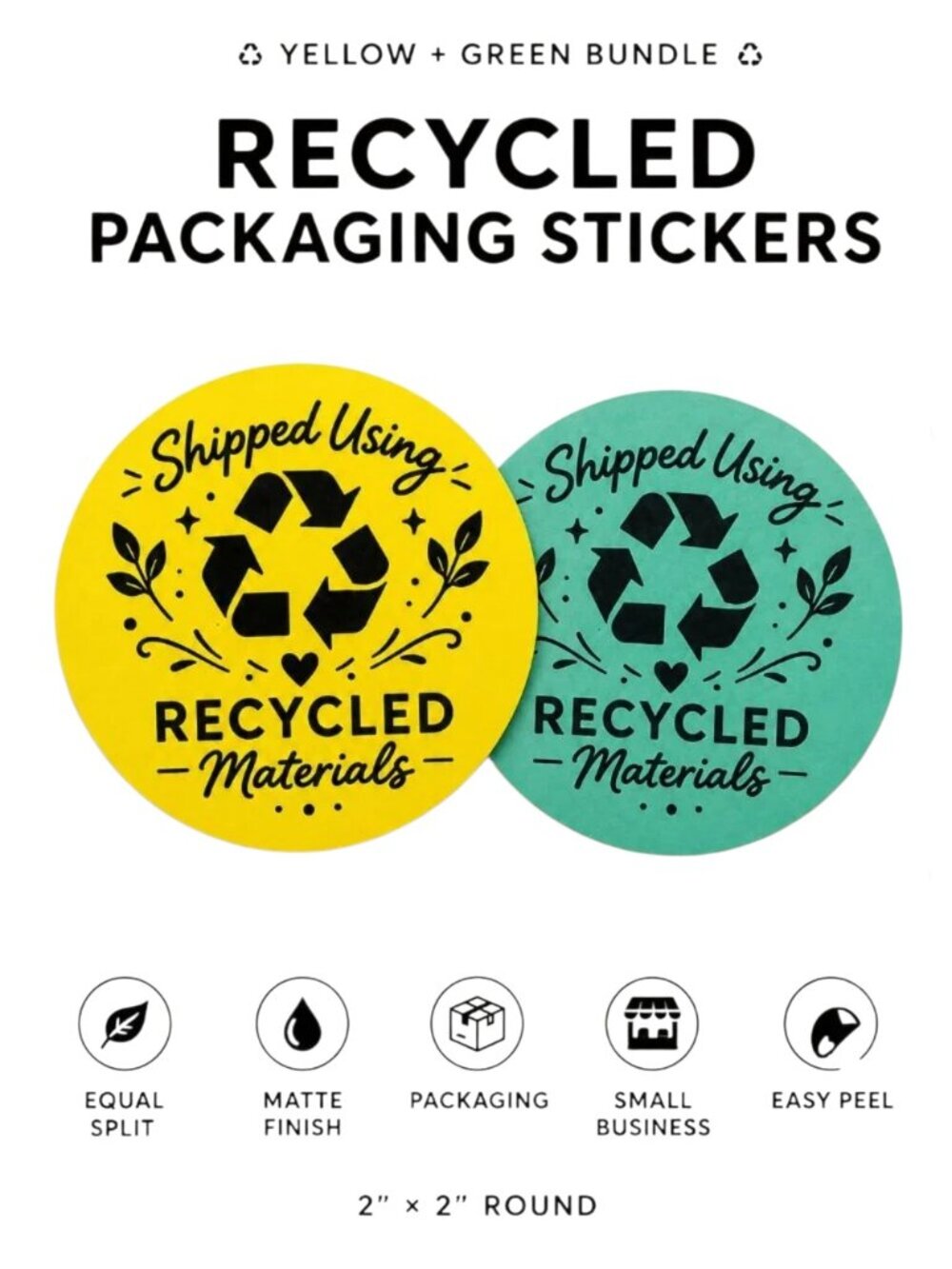 200 Recycled Packaging Stickers 2” Round Yellow Green Bundle